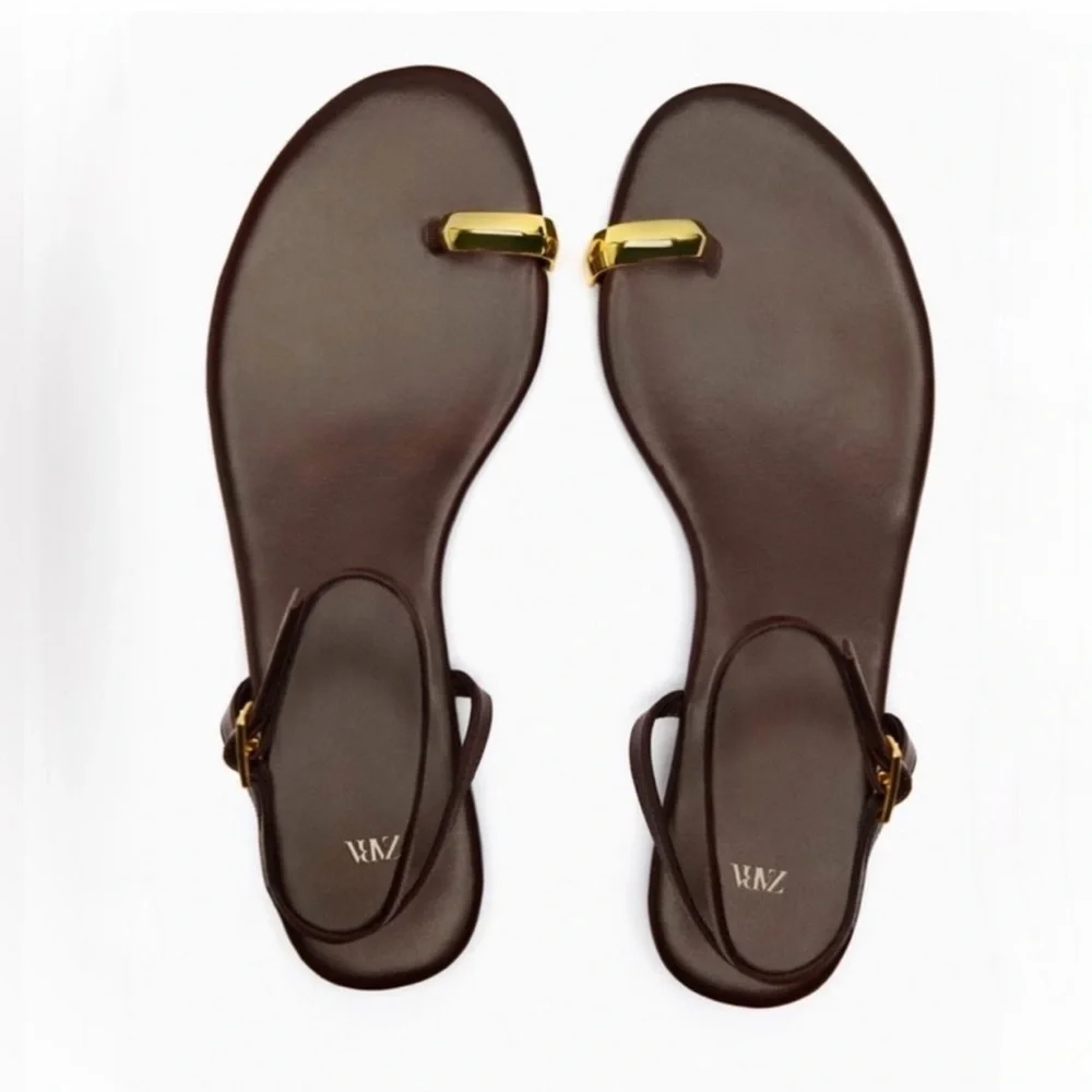 Zara Brown Leather Metal Toe Ring Sandals Size 38 - Picture 4 of 10